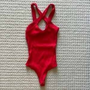 Lulus red ribbed cross front bodysuit
